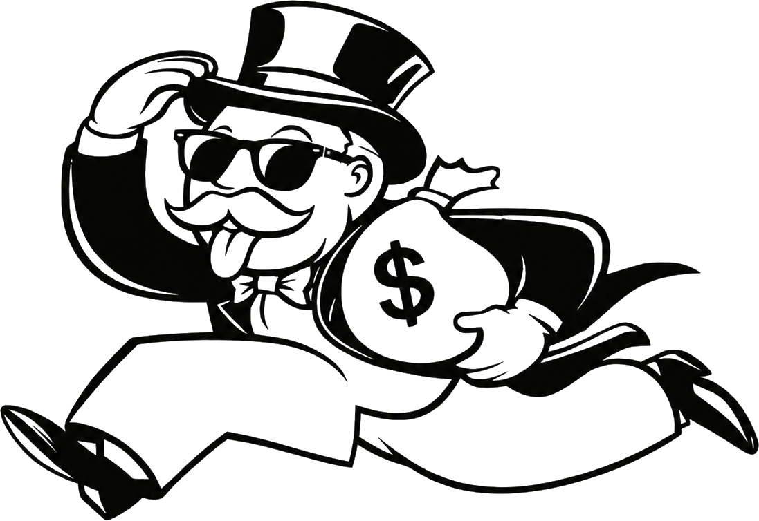 Ilustración de un personaje corriendo con una bolsa de dinero